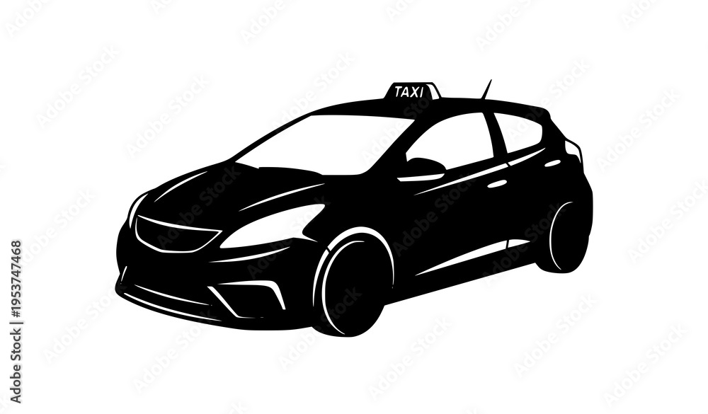 Αυτοκόλλητο Modern taxi car black silhouette vector with angled perspective urban cab vehicl