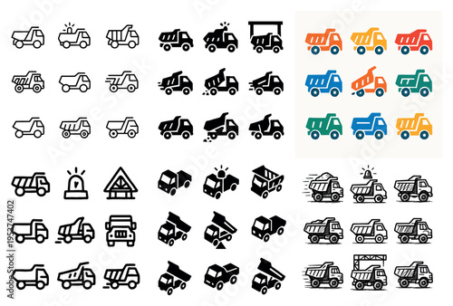 Construction vehicle icons with dump truck loader outline