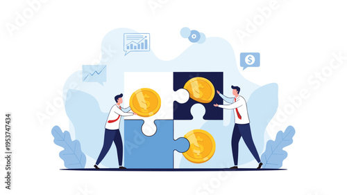 Two professionals fitting together large puzzle pieces that feature golden dollar coins represents a successful financial partnership.