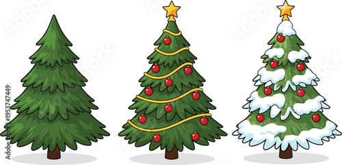 A collection of three different evergreen christmas tree illustrations isolated on white background Vector