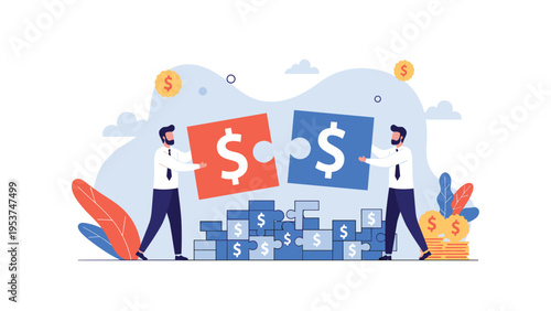 Two businessmen connect puzzle pieces with dollar signs to symbolize financial partnership and strategic investment.