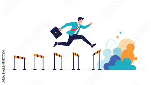 Businessman with a briefcase jumps over hurdles to reach a goal against a backdrop of colorful abstract shapes.