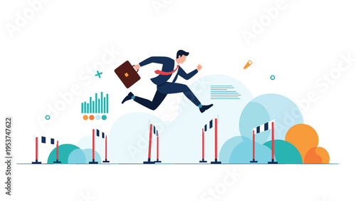 Determined businessman leaps over a series of hurdles to symbolize overcoming challenges on the path to success.