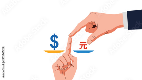 Two hands balance a dollar sign and a yuan symbol on fingertips to represent global currency exchange and trade.