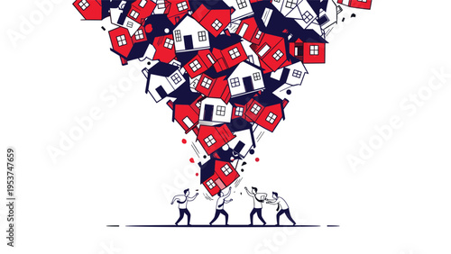 Group of small people attempts to catch a falling tornado of red and white houses representing a market crash.