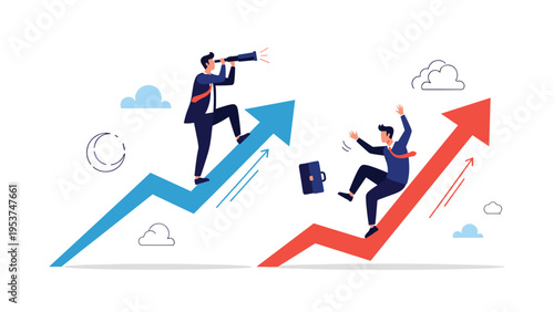 Successful businessman climbs a rising arrow with a telescope while a failing professional falls off a chart.