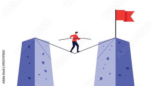 Risk taker walks across a tightrope between two tall pillars to reach a red flag representing high goals.
