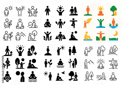 Wellness icons with person tree yoga minimal outline