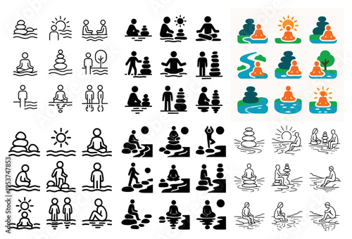Wellness icons with person sun stones minimal