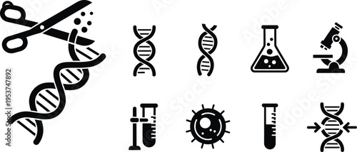 Genetic engineering silhouette bundle icons dna laboratory equipment and biology symbols