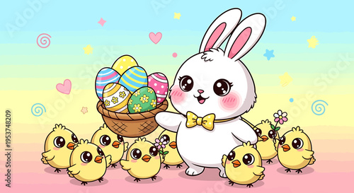 Easter bunny and chicks with eggs.