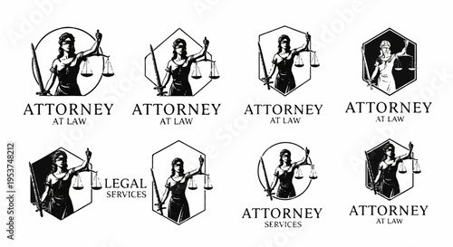 Attorney logos with scales of justice and lawyer symbols in black and white for legal services