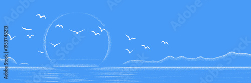 Minimalistic seascape, rocky island, imitation pencil drawing, vector cartoon