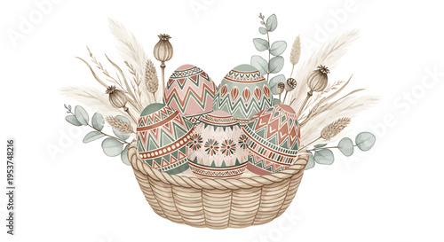Easter eggs in a wicker basket with flowers and foliage.