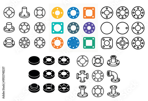 Plumbing icons with flange pipe connectors outline