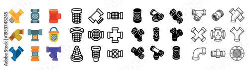 Plumbing icons with pipe valve joint outline