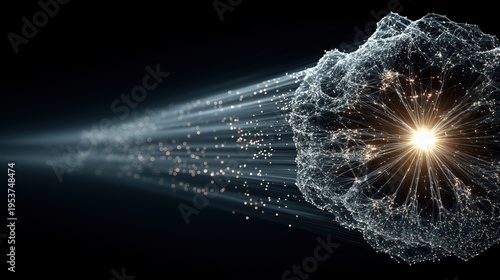 Conceptual 3D CGI render of Earth planet sphere with abstract glowing digital network and data lines in space. Global connectivity, internet of things (IoT), big data, communication technology and bus