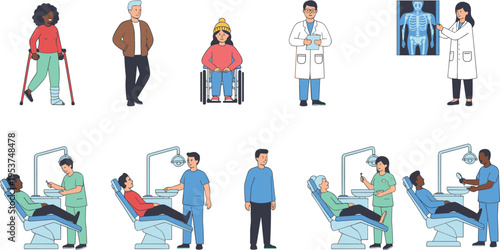 A collection of diverse people interacting with medical professionals in various clinical settings Vector