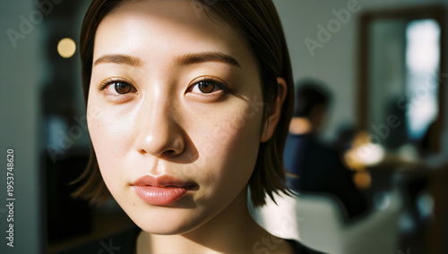 光と影の中に立つ、ナチュラルな肌の日本人女性の顔のアップ