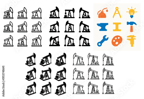 Industry icons with oil pumpjack rig minimal