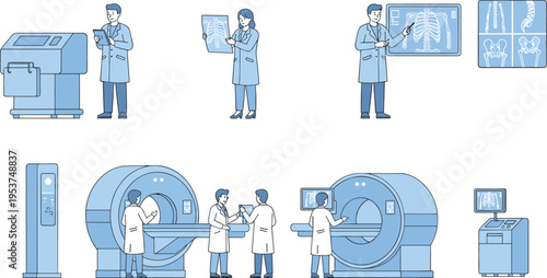 A collection of medical professionals operating advanced diagnostic imaging equipment in a clinic Vector
