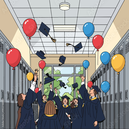 Photography Cartoon depiction of graduates throwing caps and balloons in a hall