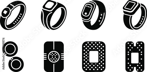 Silhouette bundle icons of smartwatches and wearable devices in black