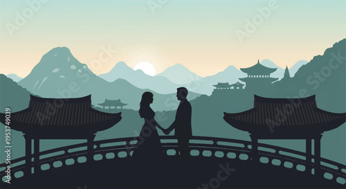 Romantic asian couple holding hands on bridge with pagodas and mountains at sunset