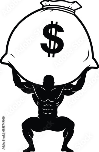 Silhouette of a muscular man carrying a heavy money bag on his back representing financial burden wealth debt and hard work.