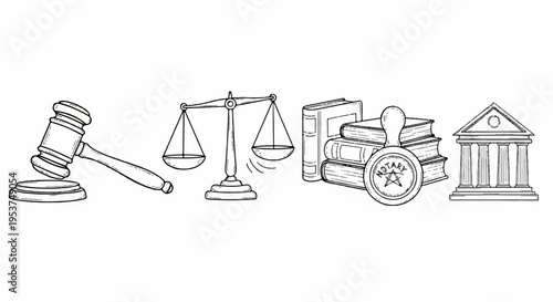 Law and justice symbols including gavel scales books and courthouse representing legal system and order