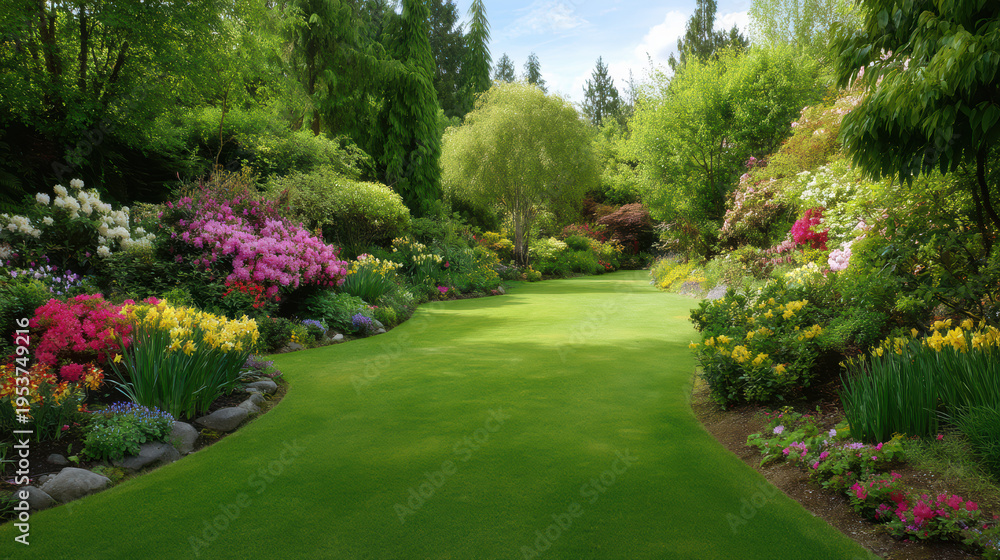 Obraz premium A lush green lawn stretches through a meticulously landscaped garden filled with colorful flowers, shrubs, and trees under a bright sky, creating a serene scene.
