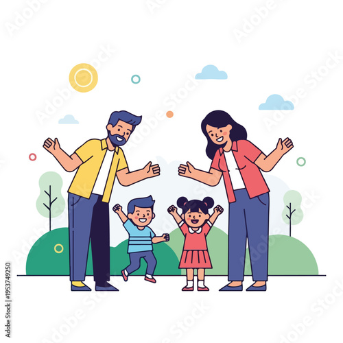 Cartoon family of four smiling happily together in an outdoor setting