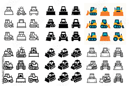 Heavy equipment icons with bulldozer tractor loader flat