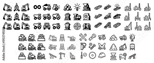 Construction icons with excavator dumptruck crane outline