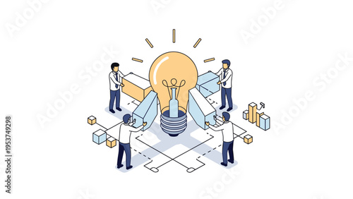 Team of four people works together in a workspace to assemble a large light bulb from different geometric blocks.