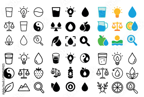 Water icons with glass droplet leaf outline