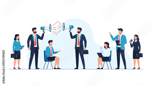 Diverse business team uses megaphones and various electronic devices to communicate and coordinate their work tasks.