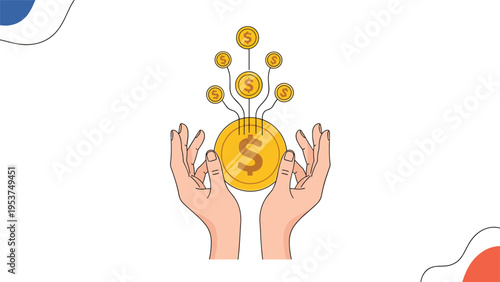 Two hands gently cradle a large golden dollar coin with smaller coins floating upward representing wealth growth.