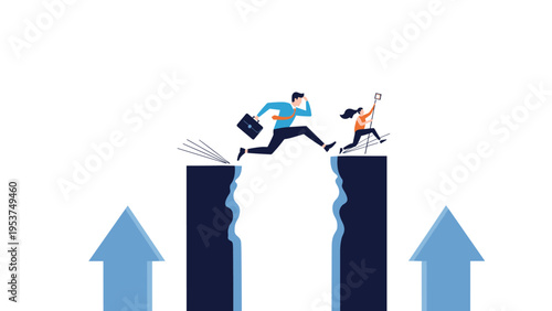 Business person and a child jumping across a canyon gap representing risk-taking, courage, and overcoming obstacles in career and life.