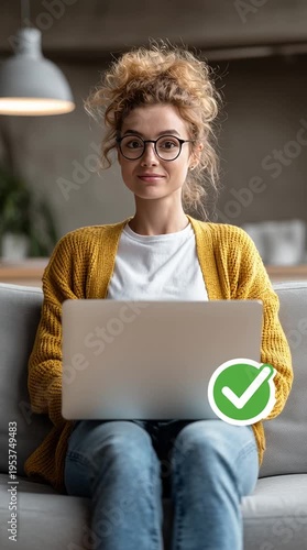 Happy Woman with Laptop and Green Check Mark Icon Representing Success and Approval