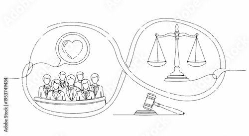 Justice and community concept law scale gavel and diverse group in balance with heart