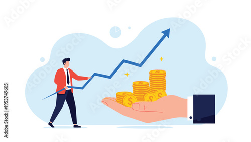 Businessman pulling a rising growth line over a giant hand holding stacks of gold coins representing wealth accumulation and profit gain.