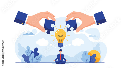 Giant hands placing puzzle pieces above a meditating businessman to form a light bulb representing creative problem solving and innovation.
