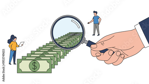 Large hand holding a magnifying glass to inspect a row of dollar bills representing financial audit, investigation, and wealth analysis.