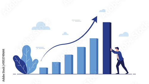 Motivated businessman pushing a tall bar chart upward to drive sales growth and achieve higher financial performance targets for his firm.