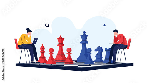 Two professionals engaged in a strategic game of chess with giant red and blue pieces representing competition, tactics, and planning.