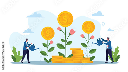 Businessmen watering plants that have gold coins instead of flowers representing long-term investment growth and financial nurturing goals.