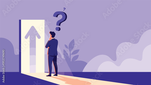 Pensive man standing before an open door with a rising arrow inside wondering about his next career move, future success, and ambition.