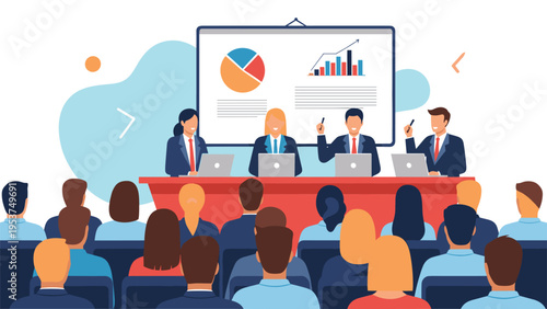 Corporate professionals attending a business seminar and looking at a presentation board with pie charts and growth graphs in an office.