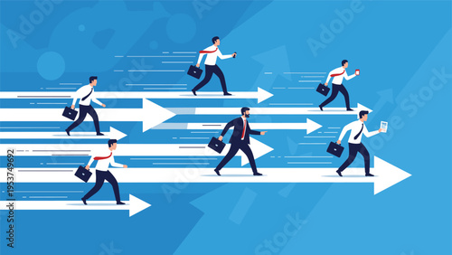 Group of business people running forward on large white arrows against a blue background representing career advancement and office speed.